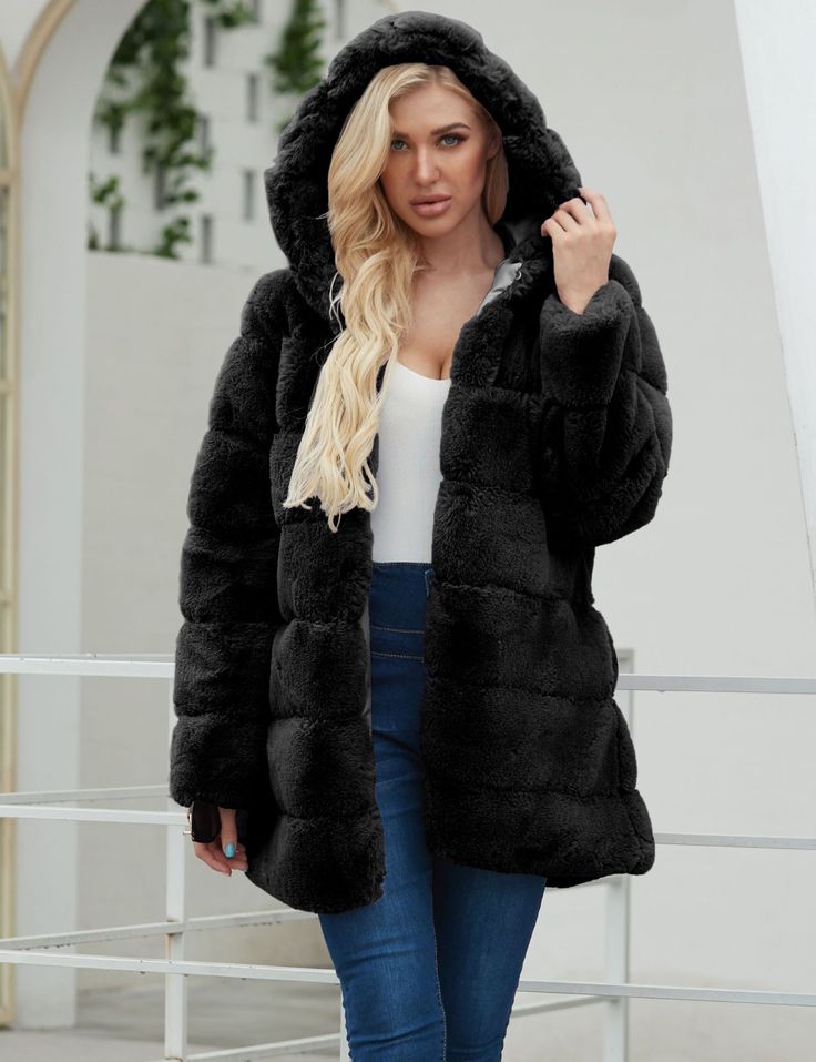 F00097260-106 Oversized Black Outerwear With Faux Fur Trim, Casual Black Fur Coat With Faux Fur Lining, Casual Black Fur Coat For Cold Weather, Casual Hooded Faux Fur Outerwear, Casual Winter Fur Coat With Faux Fur Lining, Casual Faux Fur Lined Winter Coat, Casual Faux Fur Outerwear With Long Sleeves, Casual Long Sleeve Faux Fur Outerwear, Casual Black Winter Fur Coat