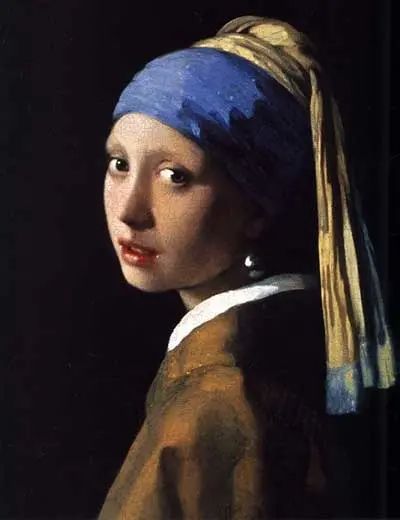 a painting of a girl with a pearl ear wearing a blue and gold headband