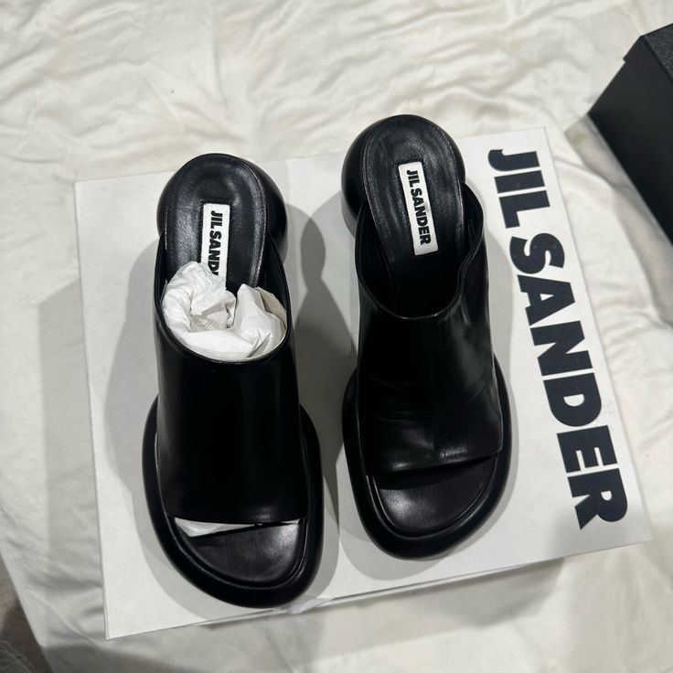 Brand New Jil Sander Heel Never Worn Size 38 Designer Black Mules With Sculpted Heel, Modern Black Mules With Heel Loop, Designer Black Mules With Heel Loop, Designer Black Mules With Padded Heel, Jil Sander Shoes, Black Block Heels, Open Toed Heels, Kitten Heel Pumps, Leather High Heels