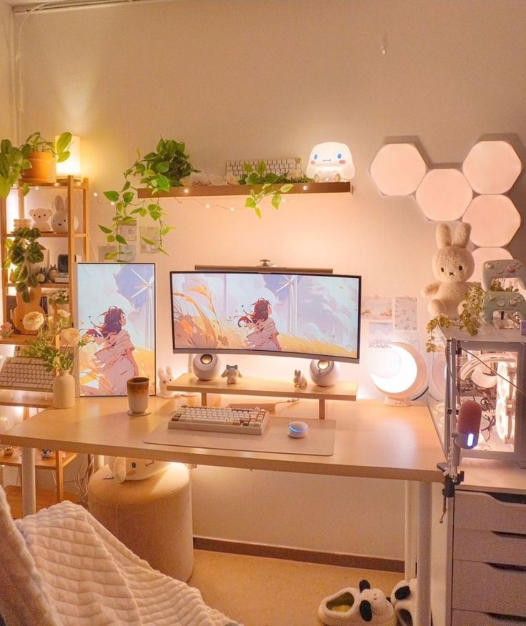 a computer desk with two monitors on top of it next to a plant filled wall