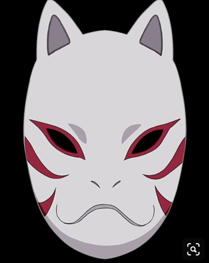 a white cat mask with red eyes and an angry look on it's face