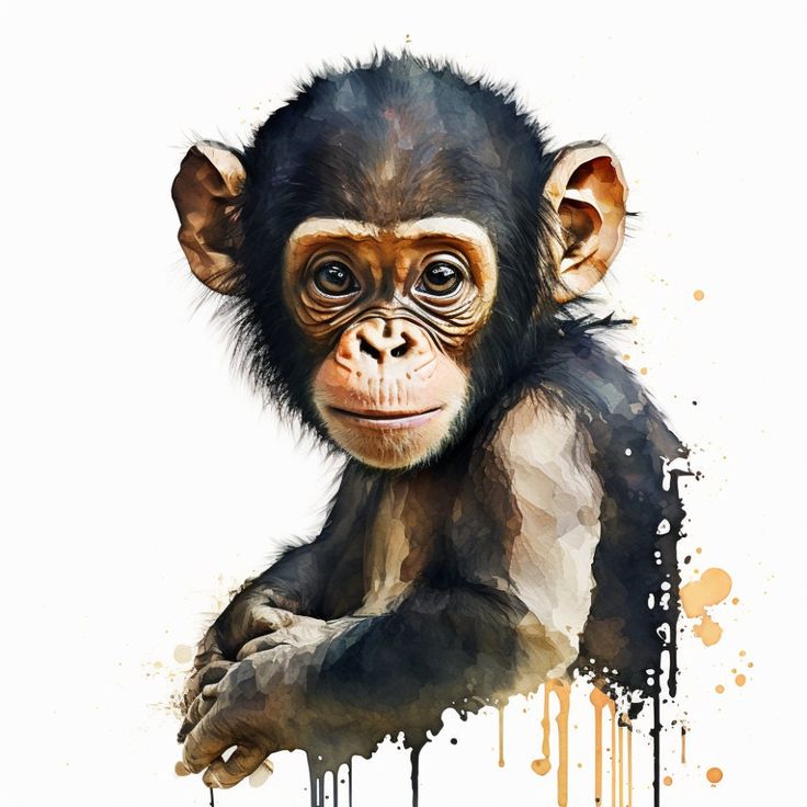 a watercolor painting of a baby chimpan on a white background with paint splatters