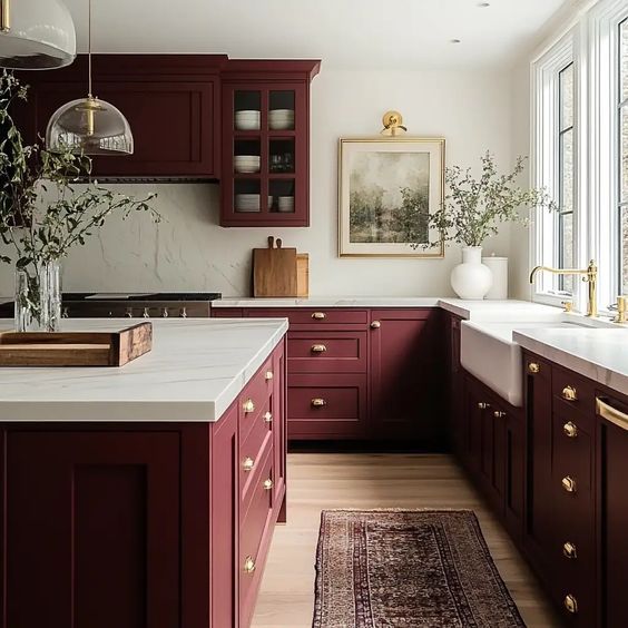 a kitchen with red cabinets and white counter tops, along with a rug on the floor