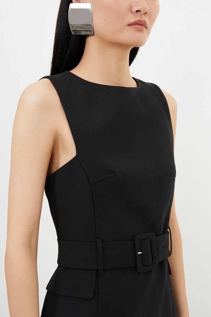 Compact Stretch Belted Tailored Midi Pencil Dress | Karen Millen Spring Business Belted Dress, Black Belted Dress For Office, Chic Belted Dress With Belt Loops, Classic Belted Dress For Office Wear, Fitted Midi Length Dress With Belt, Elegant Black Belted Dress For Work, Classic Fitted Belted Dress For Office, Fitted Business Belted Dress, Fitted Classic Belted Dress For Office