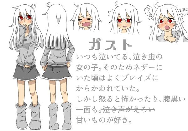 an anime character with long white hair and red eyes is standing in front of three different expressions