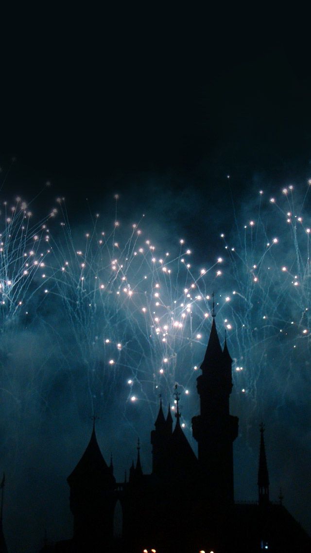 fireworks are lit up in the night sky over a castle like building with spires