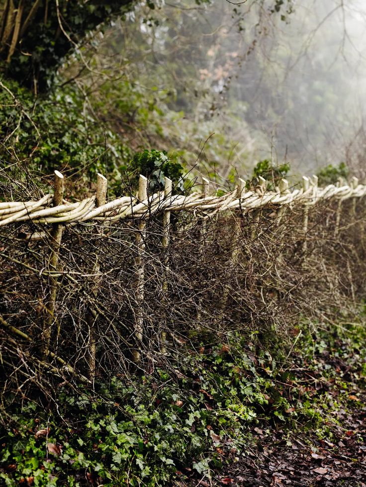 a fence made out of sticks and branches in the woods on a foggy day