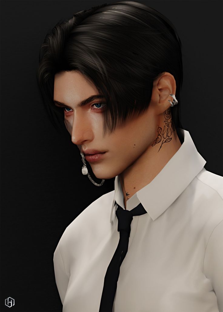 a man with black hair and piercings wearing a white dress shirt, tie and earrings