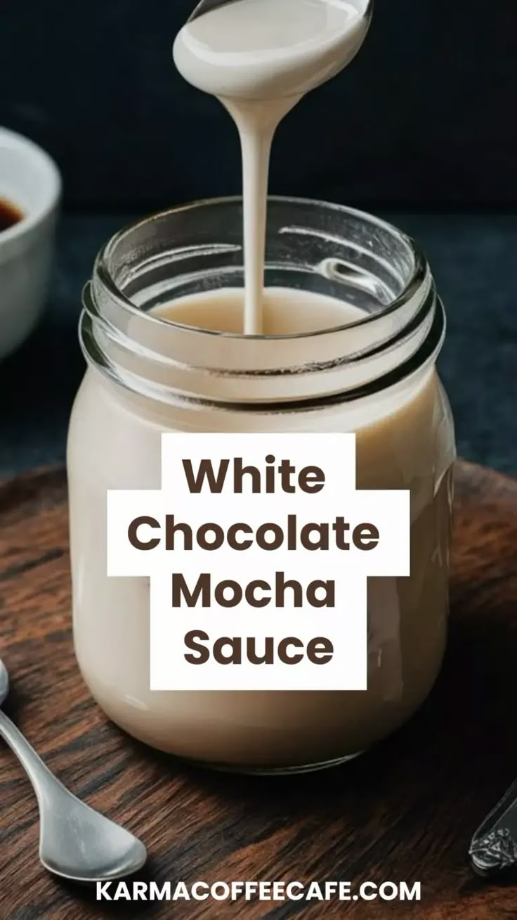 Starbucks White Chocolate Mocha Sauce: Copycat Recipe Starbucks White Mocha Sauce, White Mocha Syrup Recipe, White Chocolate Coffee Sauce, White Chocolate Mocha Creamer Recipe, Homemade Mocha Sauce, How To Make White Mocha At Home, Diy White Chocolate Sauce, White Chocolate Sauce Recipe, How To Make A White Chocolate Mocha