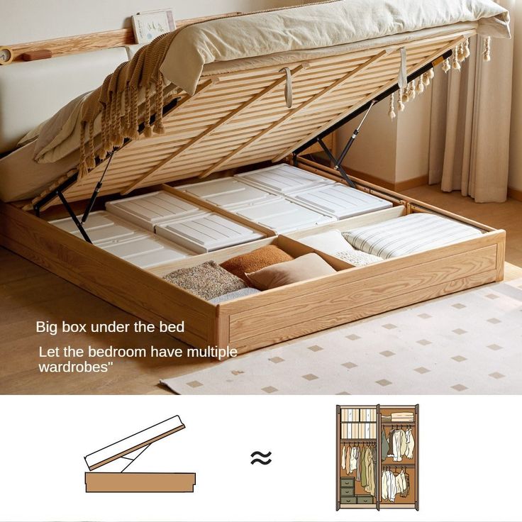 an open bed frame with drawers underneath it and the bottom section is made out of wood