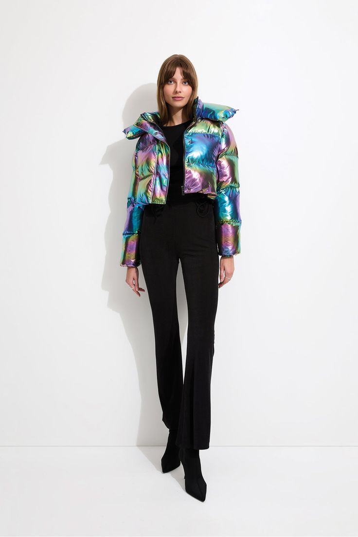 The Fractals Puffer Jacket is a luminescent style with a high cropped bodice. Featuring metallic fabric, a padded double collar, and a concealed front zip closure. Style this puffer jacket over a fitted top and pants for an elevated silhouette.Size & Fit– Relaxed, cropped fit– Model is 182cm / 5'11" tall, size 8 AU / 4 US and wearing size S– See size guide above for garment measurements Cropped Winter Outerwear For Night Out, Cropped Outerwear For Night Out In Winter, Iridescent Fitted Long Sleeve Outerwear, Fitted Iridescent Outerwear For Winter, Fitted Iridescent Outerwear For Fall, Fitted Cropped Jacket With Padded Collar, Glamorous Fitted Metallic Outerwear, Fitted Puffer Cropped Jacket, Fitted Metallic Outerwear With Zipper Closure