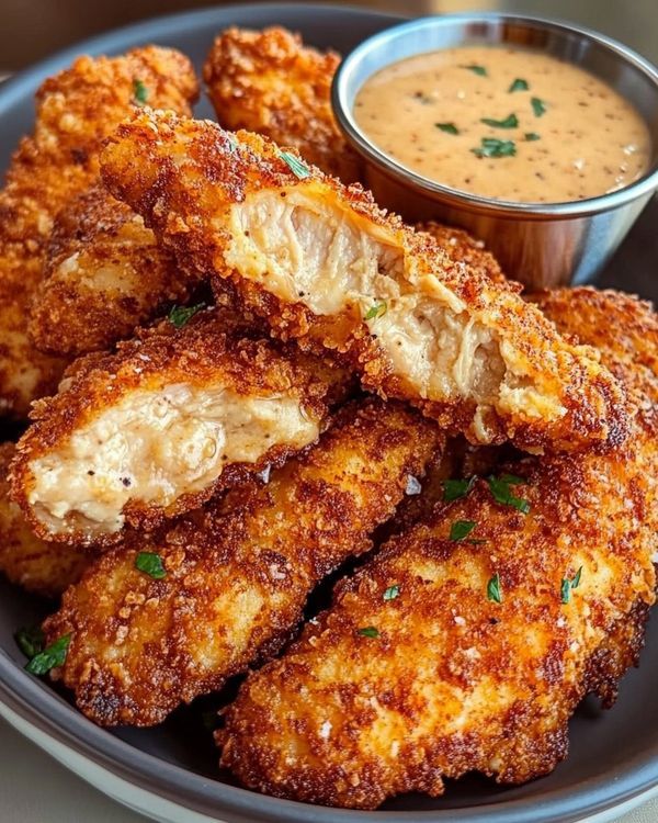 fried chicken sticks with dipping sauce on the side