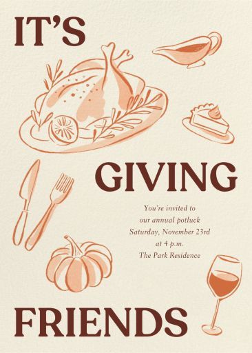 the cover of it's giving friends, with an illustration of food and wine