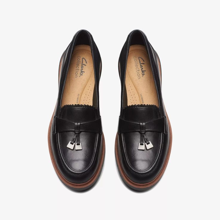 WOMENS Westlynn Bella Black Leather Loafers | Clarks US I Got The Job, Shoe Care Kit, Black Leather Loafers, Preppy Aesthetic, Black Leather Shoes, Lug Sole, Shoe Care, Leather Loafers, Shoes Online