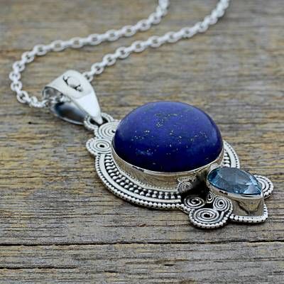 Hand Made Lapis Lazuli Blue Topaz Pendant Necklace India - Glamorous Blue | NOVICA Blue Topaz Pendant Necklace, Lapis Lazuli Blue, Lapis Lazuli Pendant, Blue Topaz Pendant, Lapis Blue, Topaz Pendant, Topaz Color, Pretty Pendant, Ruby Pendant