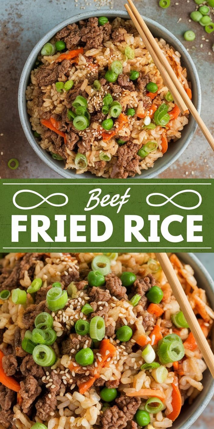 beef fried rice in two bowls with chopsticks