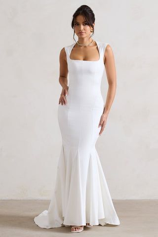 Your Day Cream Halter-Neck Tailored Top – Club L London - USA Elegant White Maxi Dress With Straight Neckline, Chic Square Neck Maxi Dress For Wedding, Wedding Maxi Dress With Square Neck And Fitted Design, Square Neck Fitted Maxi Dress For Wedding, Square Neck Maxi Dress For Wedding, White Square Neck Maxi Dress For Wedding, White Square Neck Maxi Dress For Formal Occasions, Wedding Maxi Dress With Fitted Bodice And Straight Neckline, Elegant Maxi Dress With Straight Neckline For Wedding