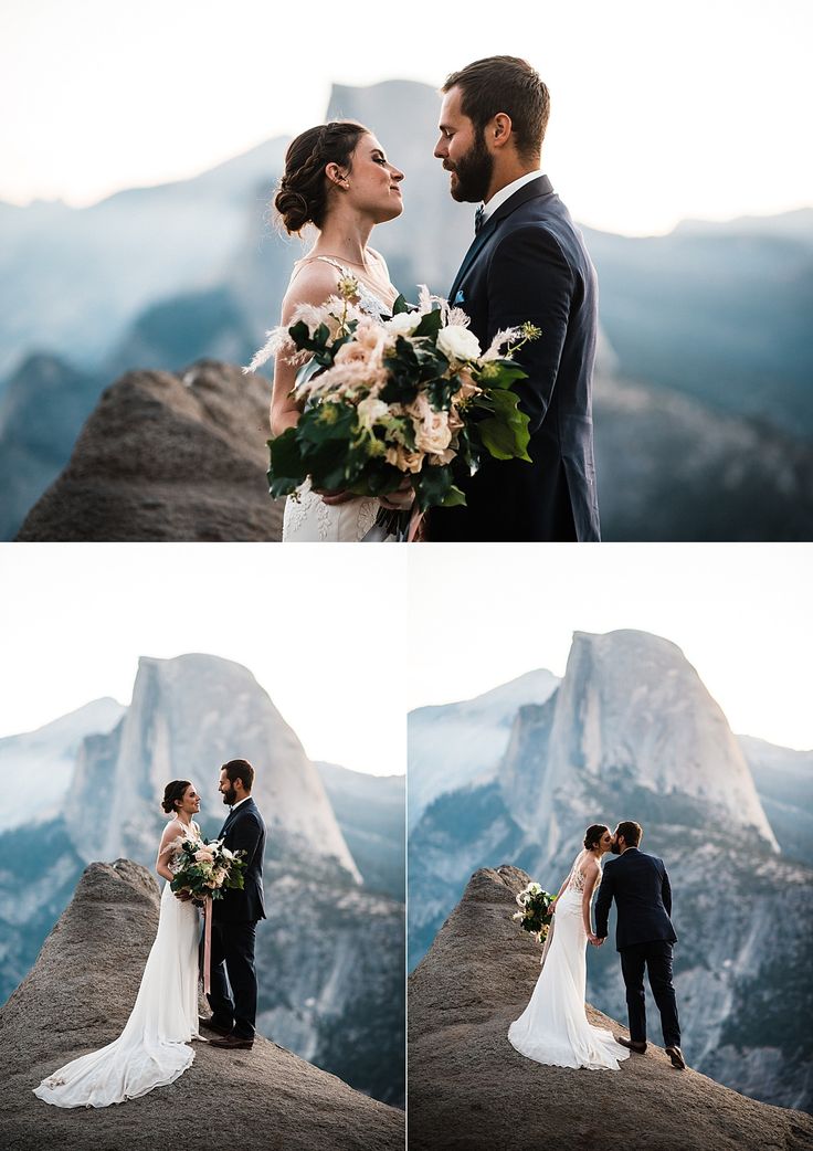 a bride and groom standing on top of a mountain