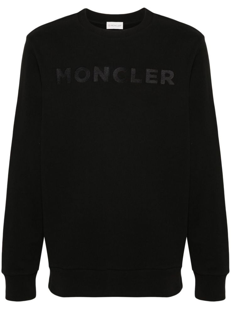 black cotton jersey texture tonal design ribbed crew neck tonal embroidered logo to the front long sleeves logo patch at the sleeve ribbed cuffs and hem authenticity QR code French terry lining pull-on style Luxury Black Sweatshirt With Embroidered Logo, Luxury Men's Hoodie With Embroidered Logo, Luxury Black Sportswear Sweatshirt, Luxury Men's Logo Print Sweatshirt, Moncler Sweatshirt, Moncler Logo, Monogram Sweatshirt, Authentic Models, Jersey Sweatshirt