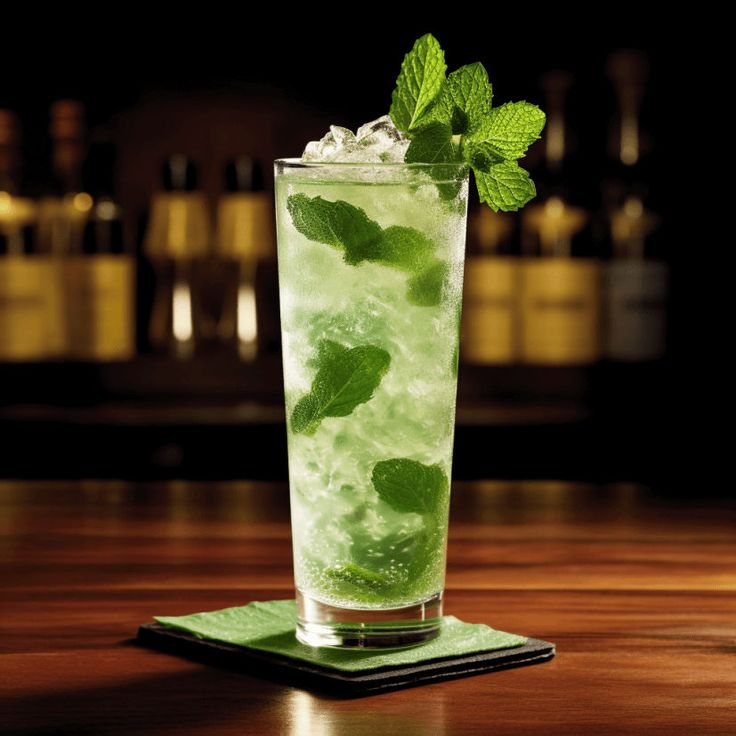 a tall glass filled with ice and mint