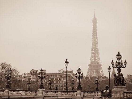 the eiffel tower towering over the city of paris, france on a foggy day