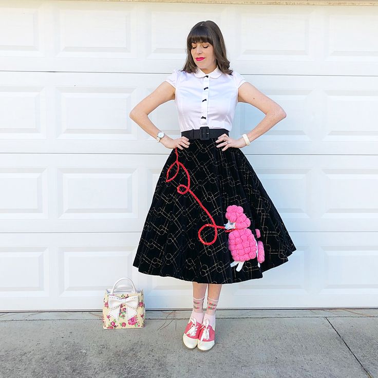 Sock Hop - The Dressed Aesthetic Poodle Skirt Photoshoot, 50s Fashion Poodle Skirts, Poodle Skirts 1950, Unique Poodle Skirt, 1950s Poodle Skirt, Lilli Ann Coat, Dressed Aesthetic, Dior New Look, Beaded Flapper Dress