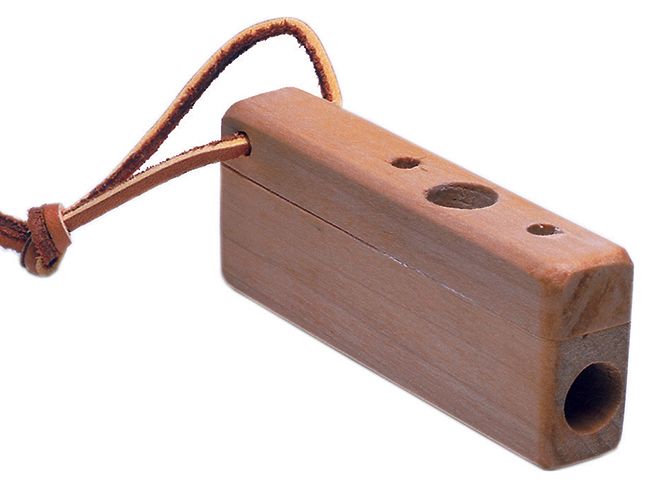 a wooden box with two holes on the front and one hole in the back that is connected to a cord