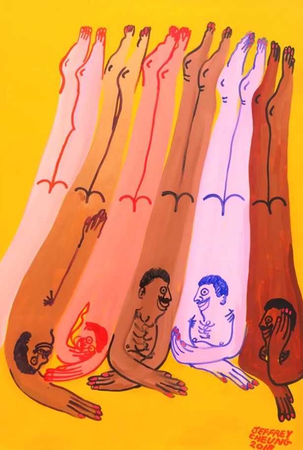 five different colored drawings of people sitting on the ground with their hands in the air