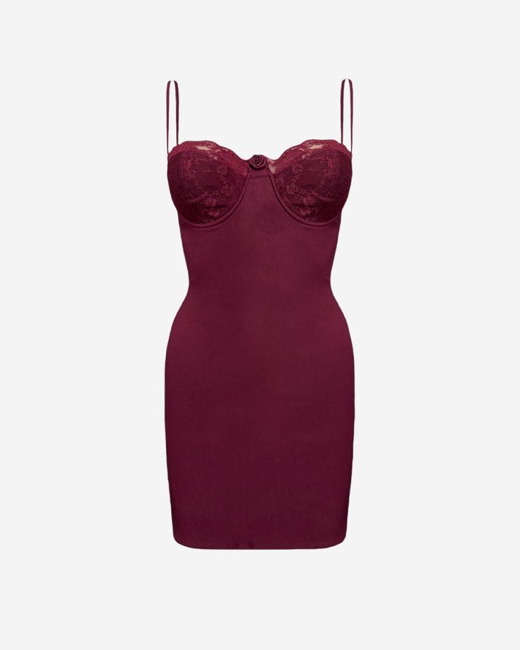 Dark red strappy mini dress with lace cups and rose detail in center. Bodycon Mini Dress, Feel Confident, Elegant Style, Fashion Looks, Adjustable Straps, Tights, Perfect Fit, Spandex, Mini Dress