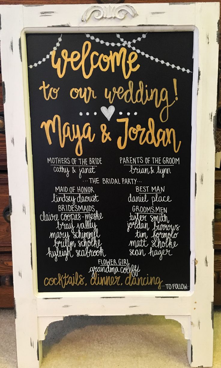 a chalkboard sign with the words welcome to our wedding and guests names on it