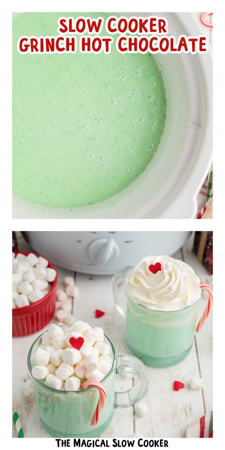 two pictures showing how to make a green hot chocolate in the slow cooker with marshmallows on top