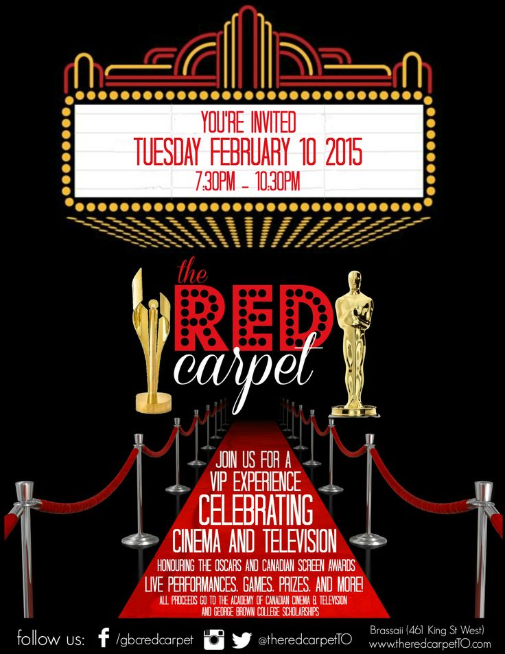 the red carpet event poster with an oscar statue and awards on display in front of a theater marquee