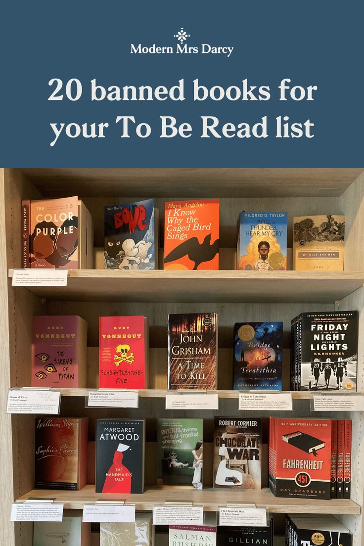 a book shelf full of books with the title 20 banned books for your to be read list