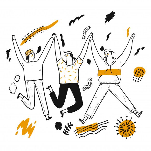 three people are jumping in the air with their arms up and hands out to each other