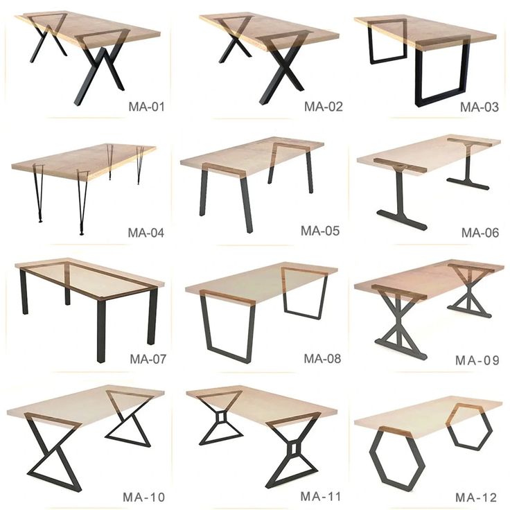 different types of tables and chairs that are labeled in the table sizes, from top to bottom