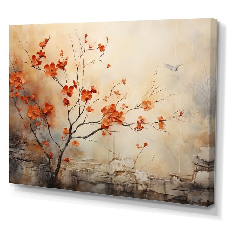 an abstract painting with orange flowers and a bird flying over the tree branches on a white background