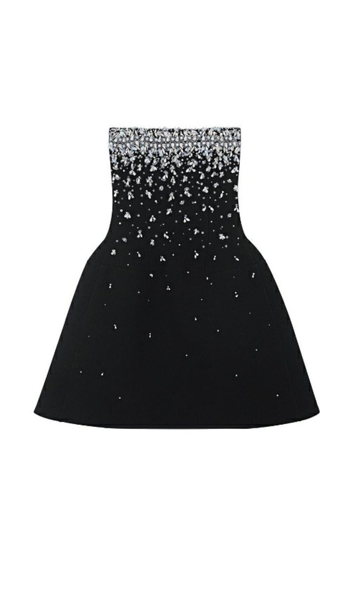 CRYSTAL BEADING STRAPLESS MINI DRESS IN BLACK Night Birthday Party Outfit, Black Embellished Strapless Sequin Dress, Black Rhinestone Mini Dress For Prom, Strapless Rhinestone Mini Dress For Evening, Strapless Mini Dress With Rhinestones For Evening, Black Sparkling Sequin Dress For Cocktail, Black Sparkling Sequin Cocktail Dress, Glamorous Black Mini Dress With Crystals, Black Sleeveless Mini Dress With Rhinestones