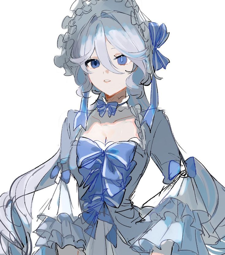 an anime character with blue hair and white dress, holding her hands on her hips