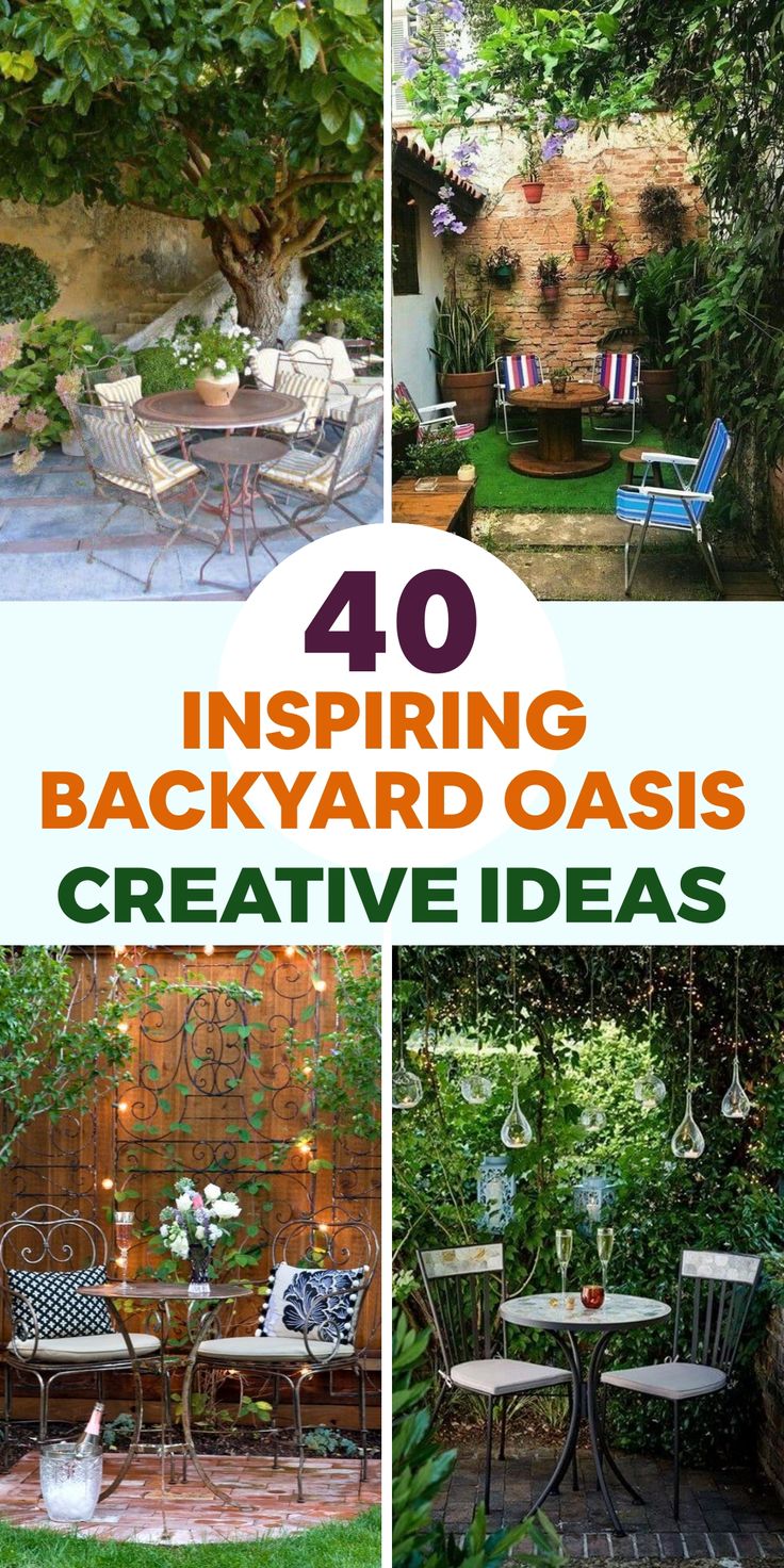 the cover of an article about backyard oasiss with pictures of patio furniture and trees