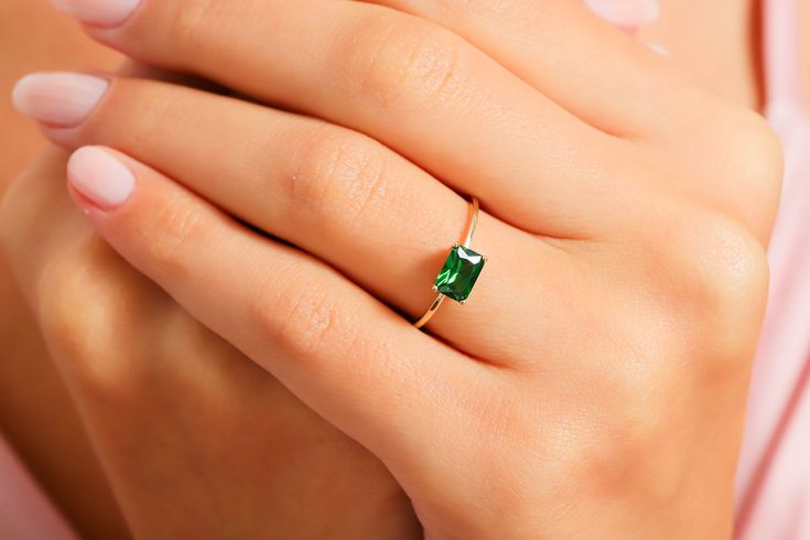 "Dainty emerald & baguette cut emerald green birthstone & birth month gemstone ring with 14K solid gold jewelry is handmade per your order. (for real & genuine & raw or natural emerald, moissanite, moss agate, onyx, turquoise, moonstone, aquamarine, opal ring) Customers love to buy engagement, promise and she said yes ring items like our cute jewelry for special occasions (expecting, wedding, bachelorette party, promoted to, remembrance, bridal shower, thank you or special day (thanksgiving, mot 14k Gold Square Cut Wedding Rings, Rectangular 14k Gold Emerald Ring As Gift, 14k Gold Rectangular Emerald Ring Gift, 14k Gold Rectangular Emerald Anniversary Ring, 14k Yellow Gold Emerald Ring With Rectangular Stone, Rectangular Solitaire Emerald Jewelry, 14k Gold Jewelry With Bezel Set Rectangular Stone, 14k Gold Rectangular Stone Fine Jewelry, Anniversary Emerald Ring With Rectangular Stone In 14k Gold