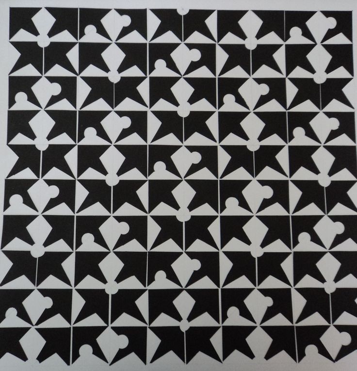 black and white geometric pattern with arrows on the bottom, one arrow pointing up at the other