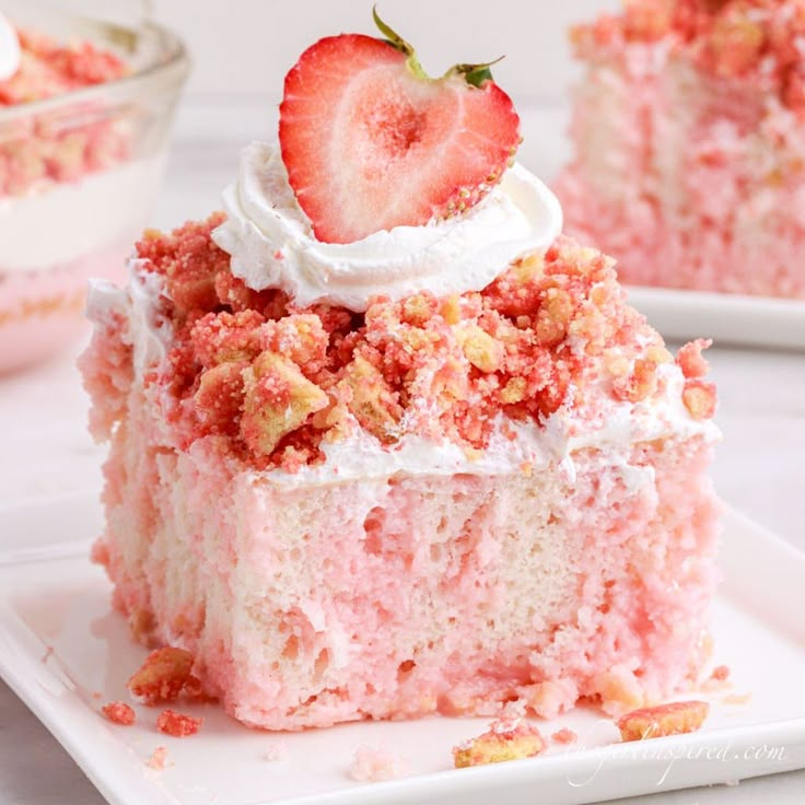 a piece of strawberry cake on a plate