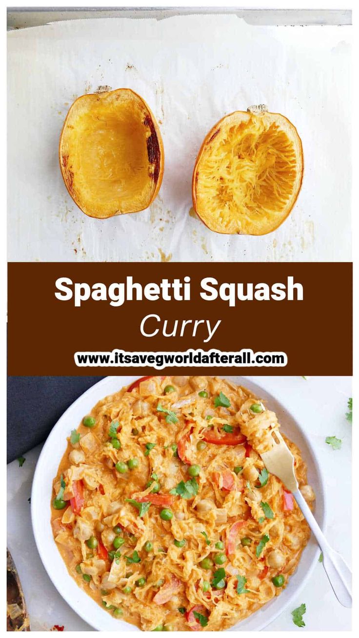 spaghetti squash curry in a white bowl with the words spaghetti squash curry on top and below