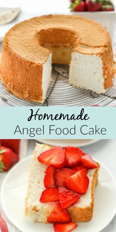 homemade angel food cake with fresh strawberries on the top and sliced into four slices