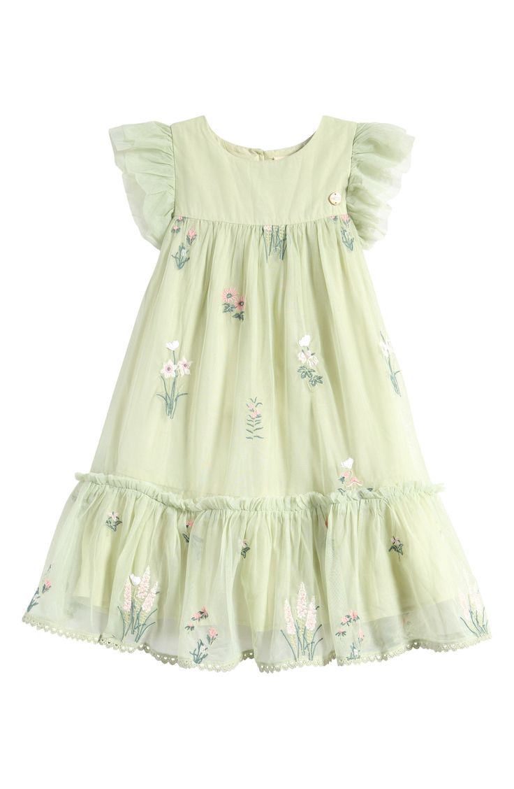 Laura Ashley Kids' Floral Embroidered Ruffle Mesh Dress | Nordstrom Toddler Floral Dress, Princesa Sophia, Mesh Party Dress, Big Girl Dresses, March Wedding, Cotton Frocks, Designer Party Dresses, Kids Lehenga