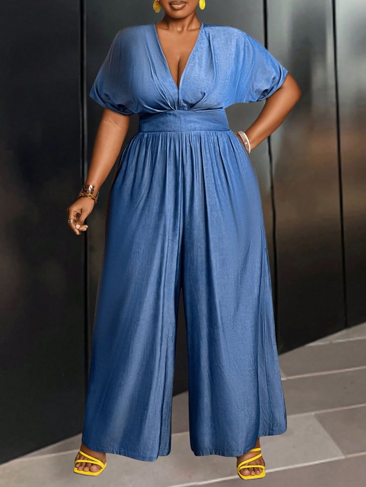 Plus Size Vacation  Imitation Denim Fitted Waist Summer Wide Leg Long Jumpsuit Blue Casual  Short Sleeve Denim Plain Other Non-Stretch  Women Plus Clothing, size features are:Bust: ,Length: ,Sleeve Length: Denim Blue V-neck Jumpsuits And Rompers, Chic Blue V-neck Denim Jumpsuit, Denim Blue V-neck Jumpsuit For Summer, Summer Denim Blue V-neck Jumpsuit, Denim Blue V-neck Jumpsuits And Rompers For Summer, Casual Blue Denim Jumpsuit V-neck, Trendy Blue V-neck Denim Jumpsuit, Casual Blue Denim Jumpsuit With V-neck, Trendy Blue Denim Jumpsuit With V-neck