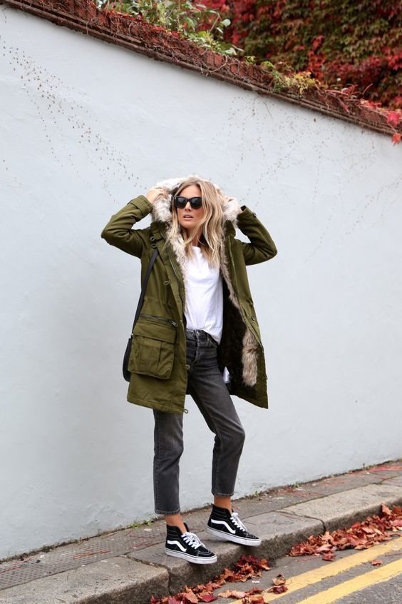 Fashion Me Now - Khaki Fur Hood Parka + Black Vans Sk8 Hi Sneakers Van High Tops Outfit, High Top Vans Outfit, Estilo Vans, High Tops Outfit, How To Wear Vans, Fashion Me Now, How To Wear Sneakers, Green Parka, Street Beat