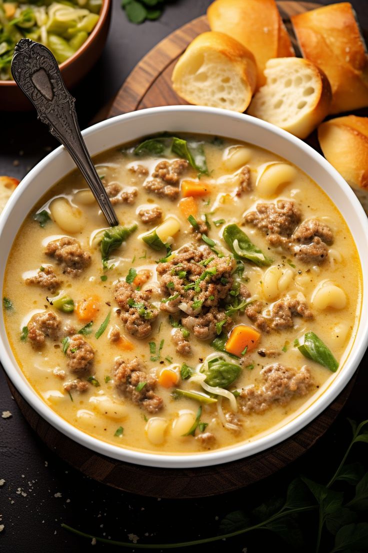 a white bowl filled with pasta and meat soup