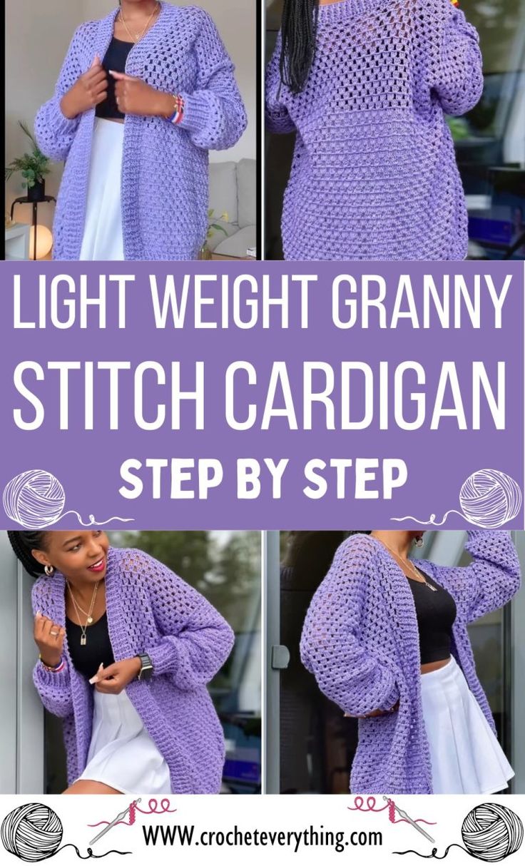 the light weight granny cardigan pattern is shown in three different pictures and has text overlay