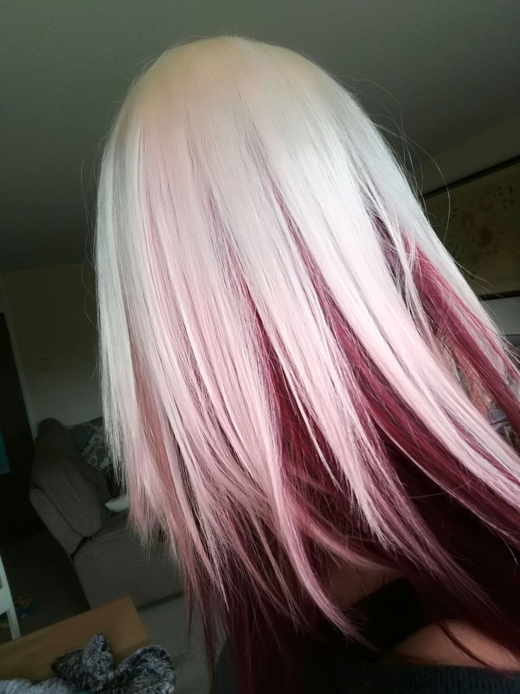 Pink Hair With Red Underneath, White Hair Red Streaks, White To Red Hair, Cute Ways To Dye Your Hair Blonde, Red And Blonde Underneath Hair, Blonde With Dyed Tips, Red Hair With White Underneath, White Hair Red Highlights, Deep Red And Blonde Hair Color